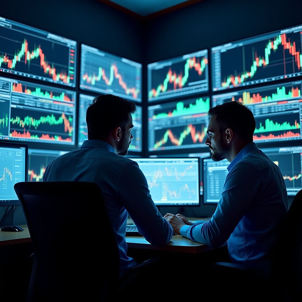 Profesionales analizando gráficos de trading en computadoras