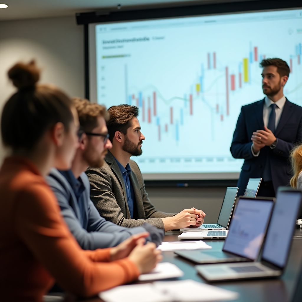 Estudiantes aprendiendo sobre inversiones en un ambiente moderno